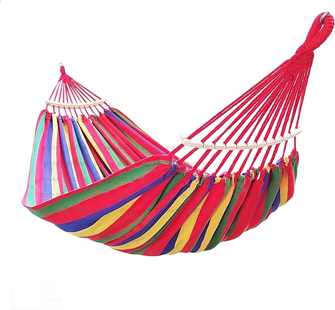 Double Hammock 2 Person Extra Large 220x160cm Total Length 330cm Load 500lb Canvas Cotton Hammock for Patio Porch Garden Backyard Lounging Outdoor and Indoor with Removable Spreader bar