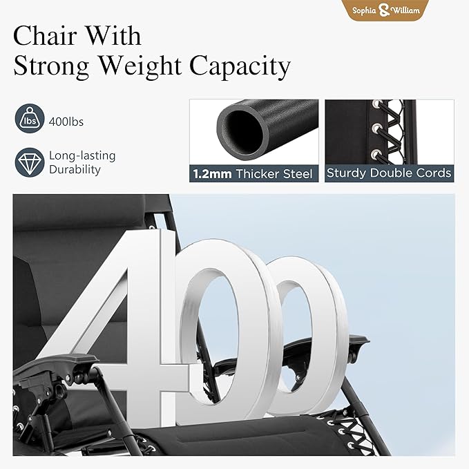 Sophia & William Oversized XL Zero Gravity Recliner Chair Set of 2 Padded, Folding Reclining Lounge Chair with Wide Armrest and Cup Holder, Support 400 LBS, Black