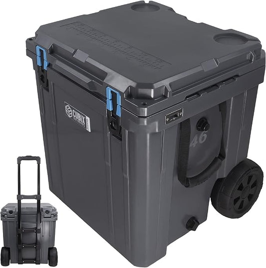 QuadraX 46QT Wheeled Rotomolded Portable Hard Cooler for Camping, Fishing, Beach | Heavy Duty Insulated Ice Chest with Wheels and Handle | Cold Retention 5 Days