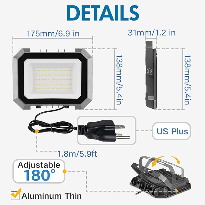 2 Pack LED Flood Lights Outdoor, 50W 5000LM Super Bright Floodlight Outside Work Light with 5.9FT Plug, IP65 Waterproof 6000K Outdoor LED Flood Light for Garage, Yard, Lawn, Garden