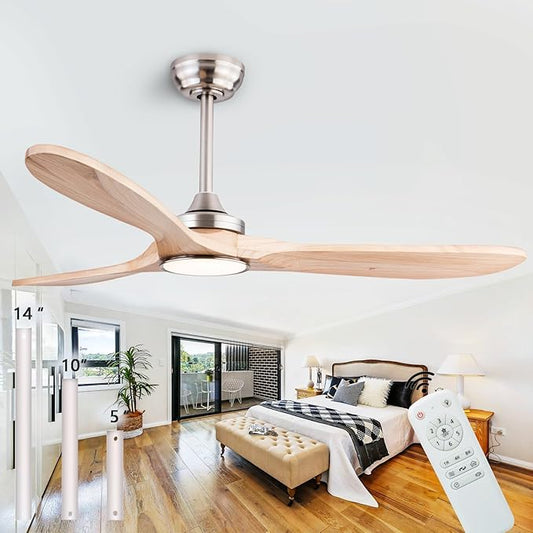 52" Wood Ceiling Fans with Lights and Remote Control,Indoor Outdoor 3 Blades Wooden Ceiling Fan for Garage,Patio,Living Rooms,Bedrooms,Offices,Farmhouse(Nickel+Raw wood)