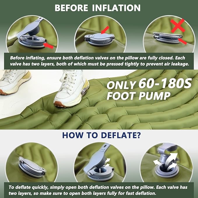Sleeping Pad for Camping - Ultralight Camping Mattress with Pillow, Built-in Foot Pump, Compact Inflatable Portable Mat for Backpacking, Hiking, Car Traveling, Beach, Tent