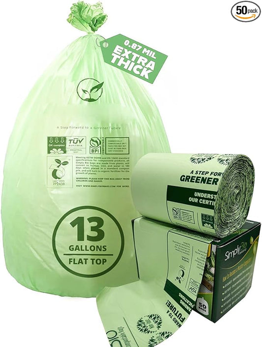 13 Gallon Compostable Trash Bags with Flat-Top, Thick 0.87 Mil, 49.21 Liter, 50 Bags, Tall Kitchen Food Scrap Waste Bag, ASTM D6400, US BPI and OK Compost Home Certified