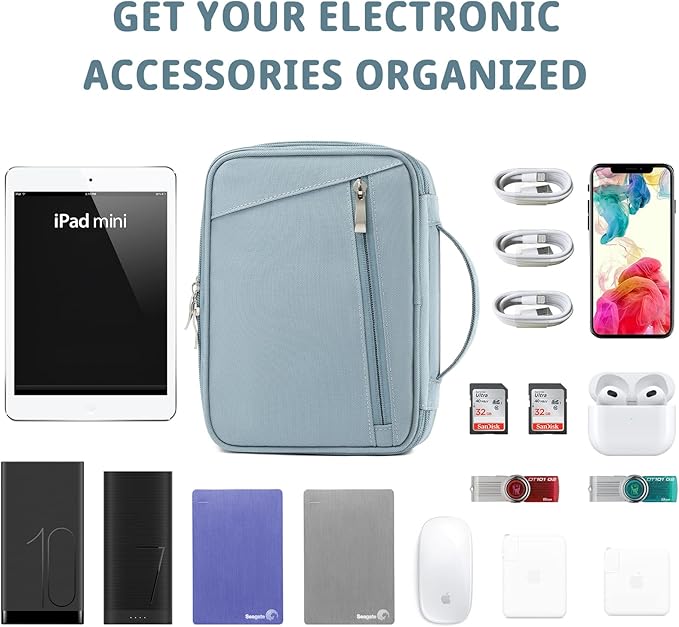 mygreen Electronics Travel Organizer, Watreproof Electronic Accessories Case Portable Double Layer Cable Storage Bag for Cord, Charger, Flash Drive, Phone, Ipad Mini, SD Card, Gifts for Him Blue