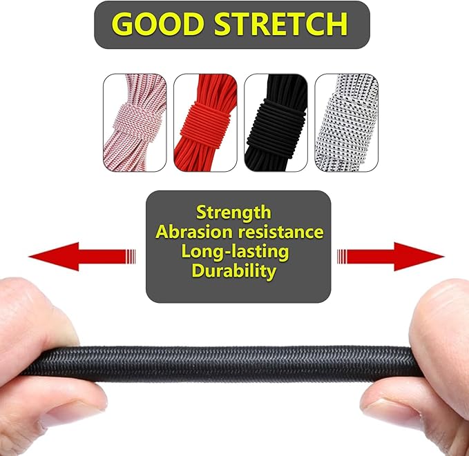 Tent Pole Shock Cord 1/8 inch 60ft, Replacement Shock Cord for Tent Rod, Tent Pole Repair Kit, Elastic Bungee Cord,Elastic Cord with Lead Wire/Washers/Clip (Black)