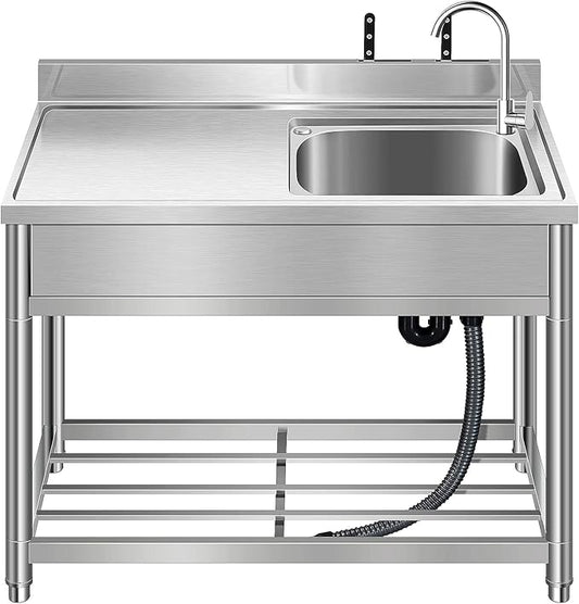 Free Standing Stainless-Steel Single Bowl Commercial Restaurant Kitchen Sink Set w/Faucet & Drainboard, Prep & Utility Washing Hand Basin w/Workbench & Storage Shelves Indoor Outdoor (39 in)