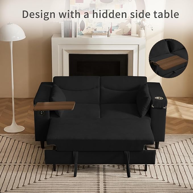 66" Pullout Couch Sleeper Sofa with Hidden Side Table, Storage Armrests & USB Charging – Convertible Sofa Bed with Spring Mattress & Wood Frame, Great for Small Spaces (ZY-2027-Black)