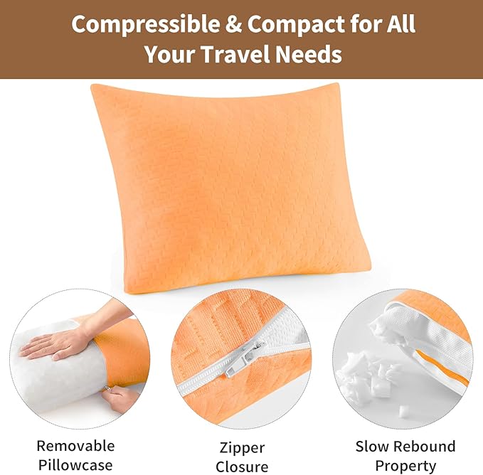 Small Shredded Memory Foam Pillow, Camping Pillow Travel Pillow - Compressible Medium Firm, Breathable Cover, Ideal Backpacking Hiking, Airplane and Car (Apricot Yellow, L)