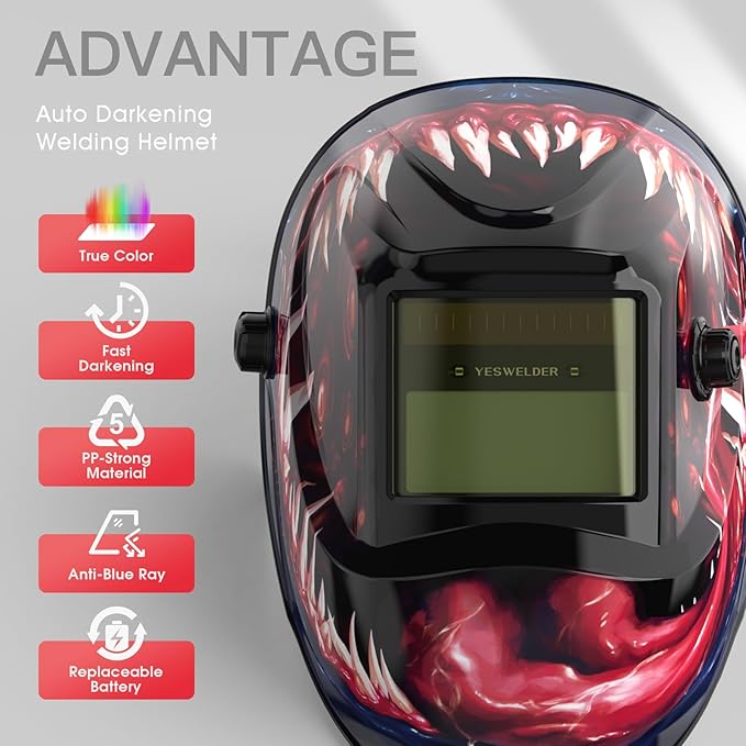 YESWELDER Auto Darkening Welding Helmet, Blue Light Blocking, 1/1/1/1 True Color Solar Powered Welding Hood with 2 Arc Sensors, Wide Shade 3.5/9-13 Welder Mask for TIG MIG ARC and Grind
