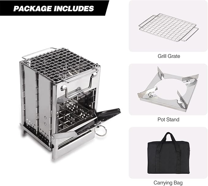 Portable Camping Wood Stove for Cooking, Folding Lightweight Stainless Steel Wood Stove with Grid and Pot Stand for Outdoor Camping Hiking Backpacking BBQ Picnic, Small