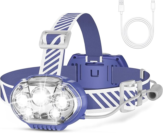 Rechargeable Headlamp, High Lumen Bright 5 LED Head Lamp with Red White Light,IPX4 Waterproof Headlight,8 Mode Head Flashlight for Outdoor Running Hunting Fishing Hiking Camping Gear-Blue