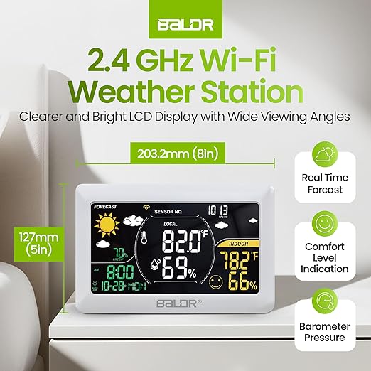 BALDR WiFi Weather Station with App, Wireless Indoor Outdoor Thermometer with Humidity Monitor, Online Real-time Forecast, Smart Home Weather Stations, One Temperature Sensor Included, White