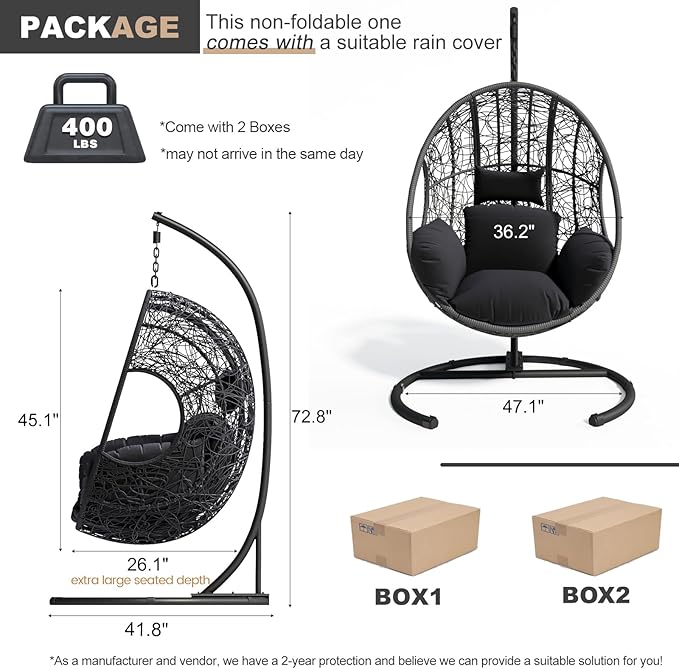 Oversized Hanging Egg Chair Outdoor Wicker Swing Chair with Stand Rain Cover UV Resistant Cushion 400lbs Capacity for Patio, Garden and Balcony
