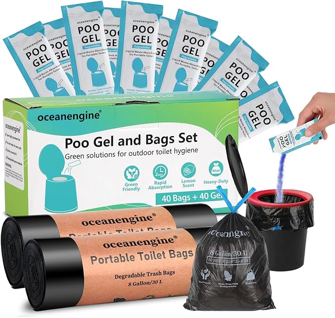 Portable Toilet Bags Poo Gel Set, 8 Gallon Camping Toilet Bags with Portable Toilet Absorbent Gel, Compostable Portable Potty Bags for Camping Outdoor Hiking