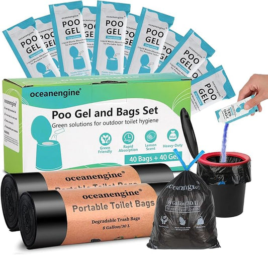 Portable Toilet Bags Poo Gel Set, 8 Gallon Camping Toilet Bags with Portable Toilet Absorbent Gel, Compostable Portable Potty Bags for Camping Outdoor Hiking