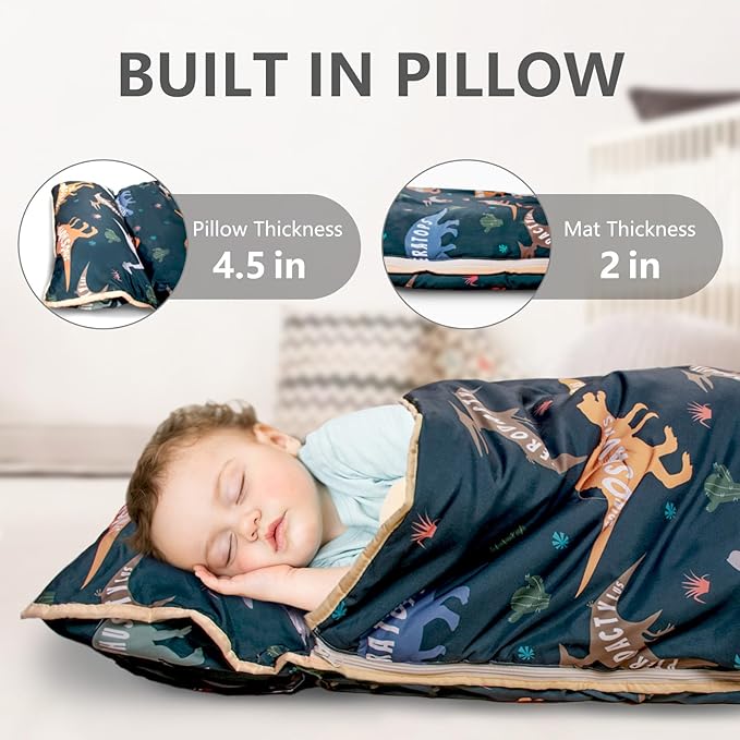 Primlect Toddler Nap Mat Extra Large Thickened 55''x35'', Soft Sleeping Bag with Detachable Minky Blanket and Pillow, Portable for Daycare, Preschool, Kindergarten, Travel, Boys and Girls