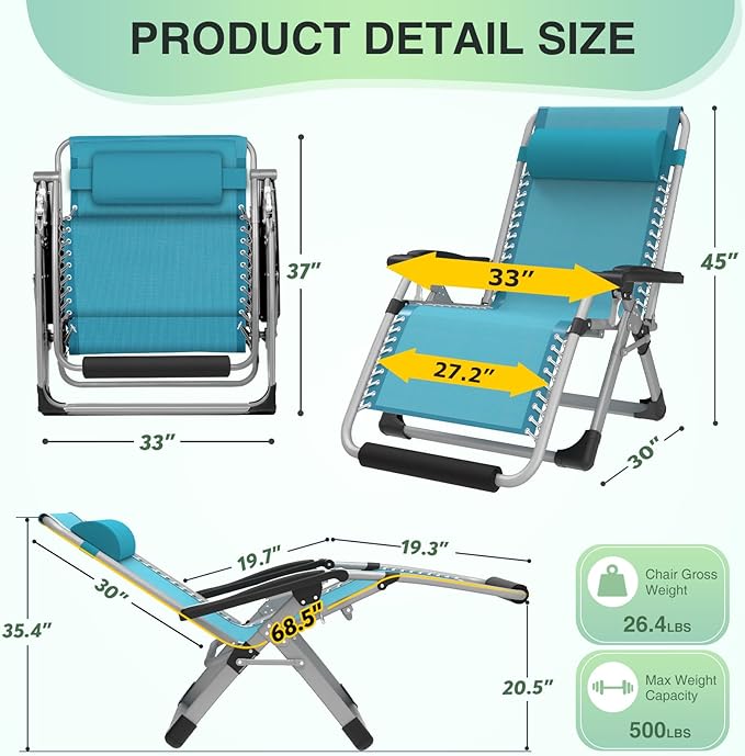 Suteck Oversized Zero Gravity Chair,33In XXL Lounge Chair w/Removable Cushion&Headrest, Reclining Camping Chair w/Upgraded Lock and Footrest, Reclining Patio Chairs Recliner for Indoor Outdoor,500LBS
