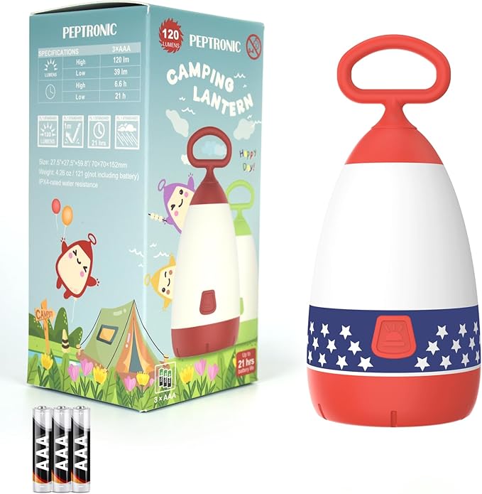 Kids Camping Lantern & Night Light Battery Powered (AAA Included), 360° Eye-Safe Light, IPX4 Waterproof with RGB Modes Portable for Outdoor, Emergency & Bedtime, Gift for Children (Flag)