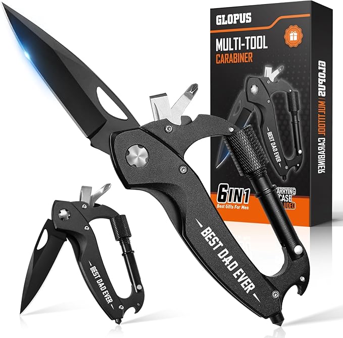 Birthday Gifts for Dad Him Husband, Multitool Carabiner With "Best Dad Ever", EDC Carabiners with Folding Knives, Bottle Opener, Window Breaker and Screwdriver, Survival Gear for Camping Hiking