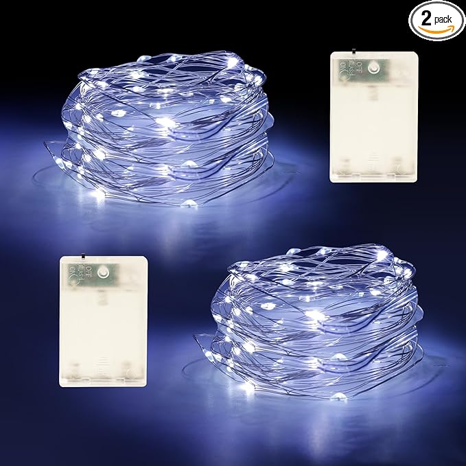 Fairy Lights Battery Operated String Lights 16.4ft 50LED Flashing and Constant Light Waterproof Silver Wire for Christmas DIY Party Bedroom Wedding (White, 2 Pack)