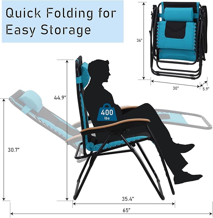 PHI VILLA XXL Oversized Padded Zero Gravity Chair, Foldable Patio Recliner, 30" Wide Seat Anti Gravity Lounger with Cup Holder, Set of 2, Support 400 LBS (Aqua)