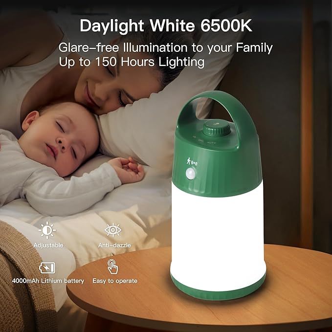 Motion Sensor LED Night Light - Cordless Battery Powered Table Lamp, Portable Lamps Lantern for Outdoor Camping Tents, 4 Brightness Level, Press Dimmable Safe Night Lights, 1 Pack (Green)