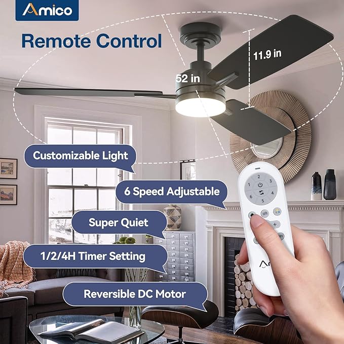 Amico Ceiling Fans with Lights, 52 Inch Ceiling Fan with Light and Remote Control, Black Fan, Reversible, 3CCT, Dimmable, Noiseless, Ceiling Fan for Bedroom, Indoor/Outdoor Use