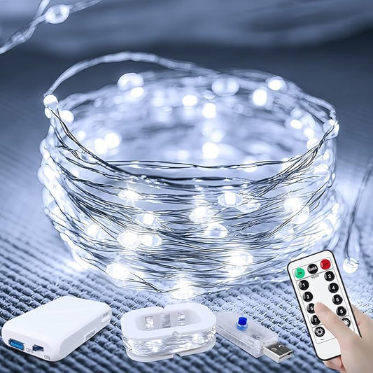 50LED Fairy Lights USB & Battery Powered, 16FT White Fairy String Lights with 8 Modes & Timer, Cuttable Copper Wire Waterproof Twinkle Light Indoor Outdoor for Bedroom Wedding Party Christmas Decor