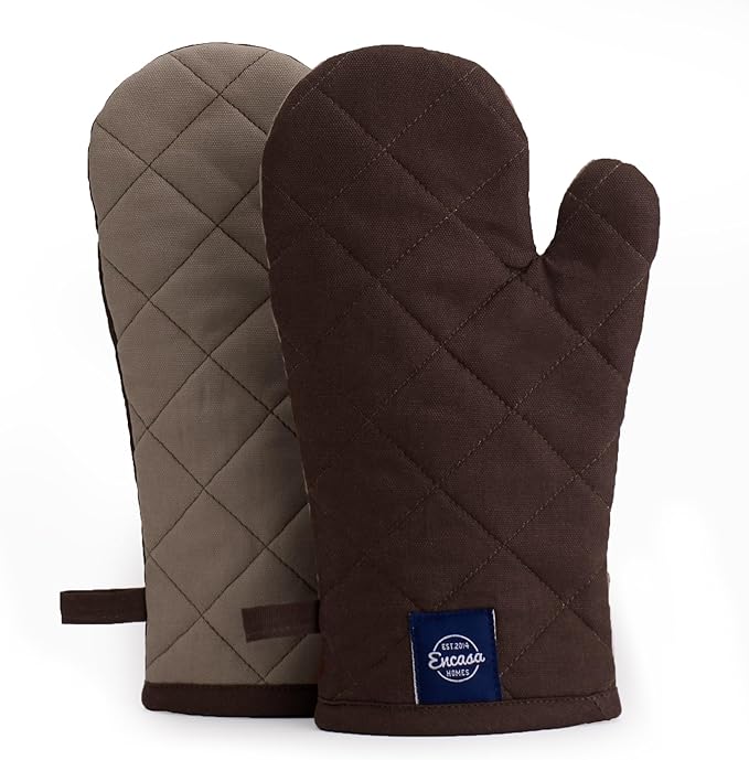 Encasa XO Heat Resistant Cotton Oven Gloves Mitts (2 Pc Set) - Quilted & Safe 12x6.6 in - for Kitchen, Cooking & Baking, Grilling, Handling Hot Pots & Pans - Dark Taupe & Beige