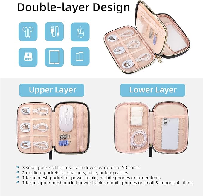 Electronics Organizer Travel Case, Charger Bag Cord Organizer Travel, Compact Tech Pouch Cable Organizer Bag for Charger, Cords, Phone, Headphones, Flash Drive, SD Card(Black, Small-Double Layer)