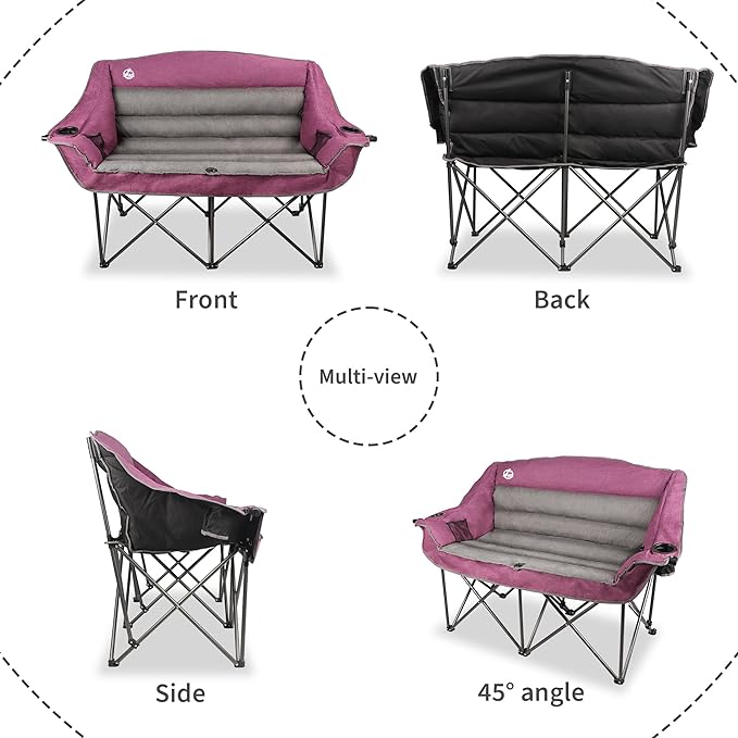 Northroad Oversized Double Camping Chair, Fully Padded Loveseat, Heavy Duty Folding Duo Chair w/Cup Holders, Armrests & Carry Bag, Supports up to 600lbs, Purple