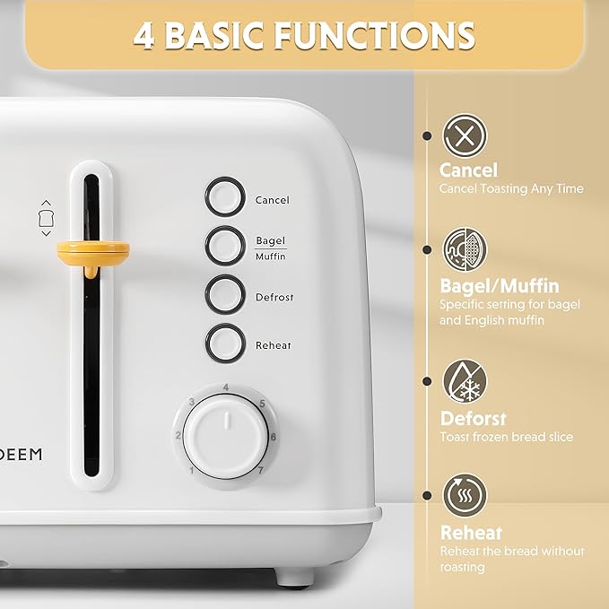 BUYDEEM DT640 4-Slice Toaster, Extra Wide Slots, Stainless Steel with High Lift Lever, Bagel and Muffin Function, Removal Crumb Tray, 7-Shade Settings, Arctic White