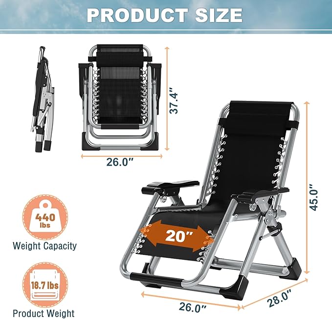 ABORON Upgrade Zero Gravity Chair/Armrest Mat,Premium Outdoor Lawn Folding Lounge Chairs,Sturdy Adjustable Reclining Patio Chairs with Removable Seating Cushion,Headrest & Tray