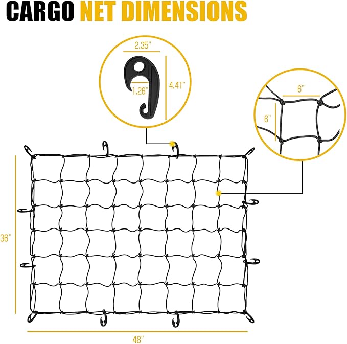 ARKSEN 36" x 48" Heavy Duty Tangle-Free Nylon Cargo Net (6" x 6" Mesh) Universal Bungee Stretches for Pickup, Truck, Bed, SUV, Roof Rack & Travel Luggage Rack