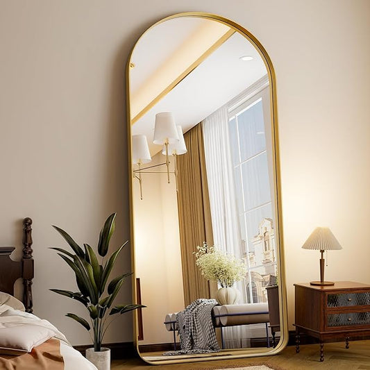 71''x30'' Large Arched Full Length Mirror, Floor Standing Stylish Full Body Mirror with Rounded Corners for Home Decor, Aluminum Alloy Frame Hanging Mirror for Wall, Gold