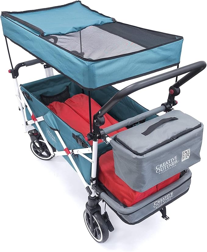 Creative Outdoor Wagon for Kids Push Pull Collapsible Stroller with Canopy Folding Cart | Titanium Series Plus | Beach, Park, Garden (Solid Teal)