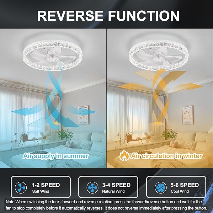 Low Profile Ceiling Fans with Lights and Remote, Fandelier Ceiling Fan Flush Mount, 3000K-6500K Smart 5 Fan Blades LED Fan Light, Modern Ceiling Fans with Lights for Bedroom