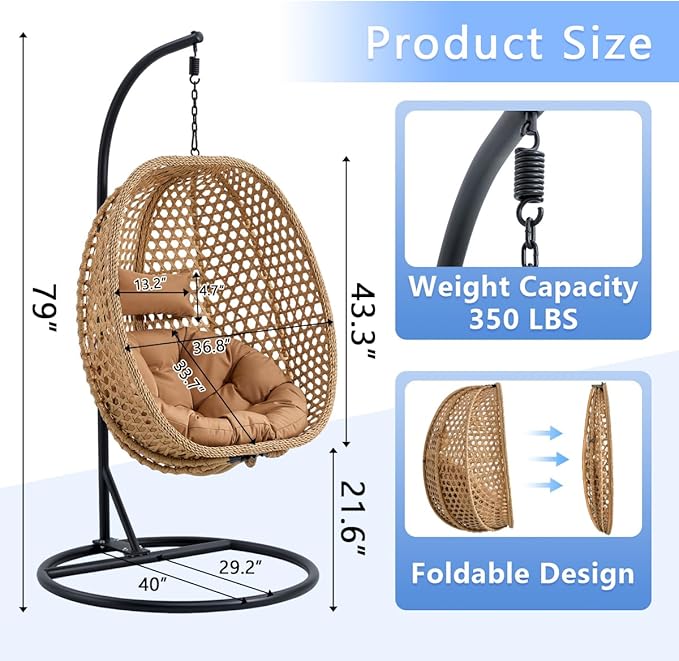 JUFU Egg Swing Chair Indoor Outdoor, Hanging Egg Chair with Aluminum Steel Frame, Patio Egg Chair with Removable Cushions, 350 lbs Capacity