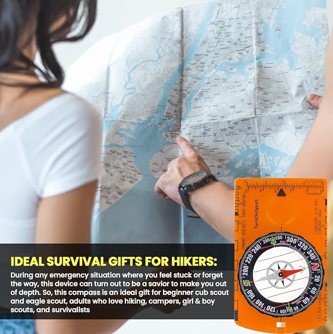 TurnOnSport Orienteering Compass - Advanced Scout Compass for Hiking, Camping, and Backpacking - Best Survival Gifts for Kids