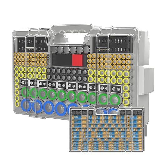 Battery Organizer Storage Holder Box Case with Tester, Ultra-Large 280+ Batteries Double-Sided Variety Pack,Holds AA AAA 4A C D Cell 9V 3V Lithium18650 LR44 CR2 CR123 CR1632 - Gray