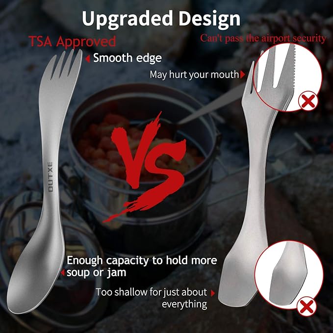 OUTXE Titanium 2 in 1 Fork and Spoon Combo 2-Pack Ultra Lightweight Camping Utensil, Eco-Friendly Spork for Backpacking, Hiking, Outdoors
