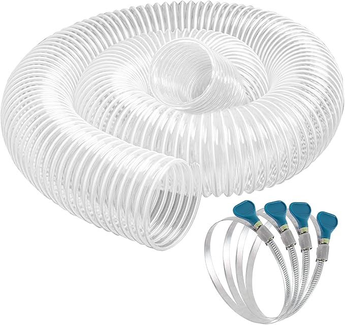 4" x 10' Dust Collection Hose, Puncture-Resistant, Flexible Clear PVC Collection Hose with Carbon Steel Wire Coil for Dust Collectors