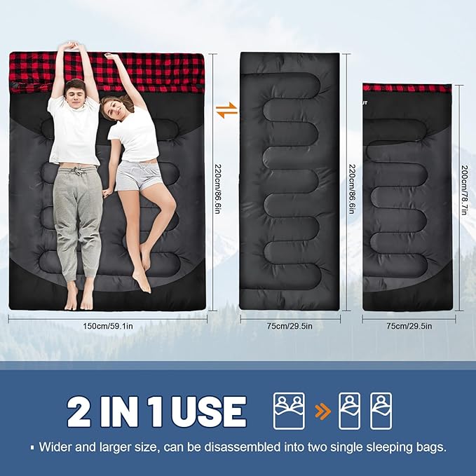 Double Sleeping Bag for Adults Machine Washable 2 Person Camping Sleeping Bag Queen Size Waterproof with Compression Sack for Cold Weather 3-4 Seasons
