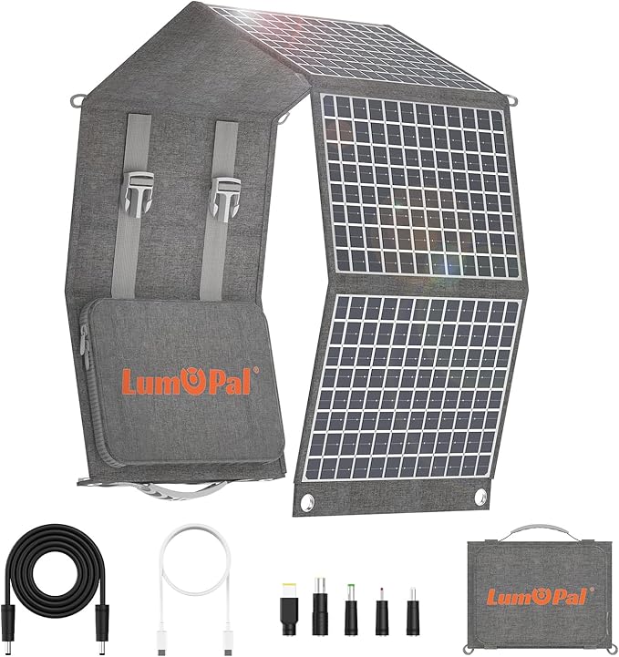 Portable Solar Panel, LUMOPAL 60W Foldable Solar Panel Folding Solar Charger with PD60W USB C QC3.0 USB A DC18-20V Output for Camping Backpacking Compatible with Phone Laptop Portable Power Station