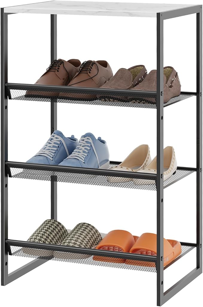 Garden 4 you 4 Tiers Narrow Shoe Rack,Small Space Freestanding Shoe Storage Organizer with White Wooden Tabletop,Adjustable Metal Shelf Stackable Shoe Shelf for Entryway Hallway Living Room Closet