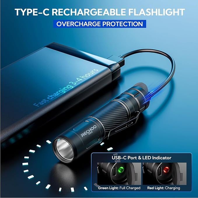 RECHOO Flashlight Rechargeable, G800 LED Flashlight with 3 Lighting Modes, Fixed Focus, Pocket Clip, Small EDC Flash Light for Emergency, Camping Gear (Battery Included)