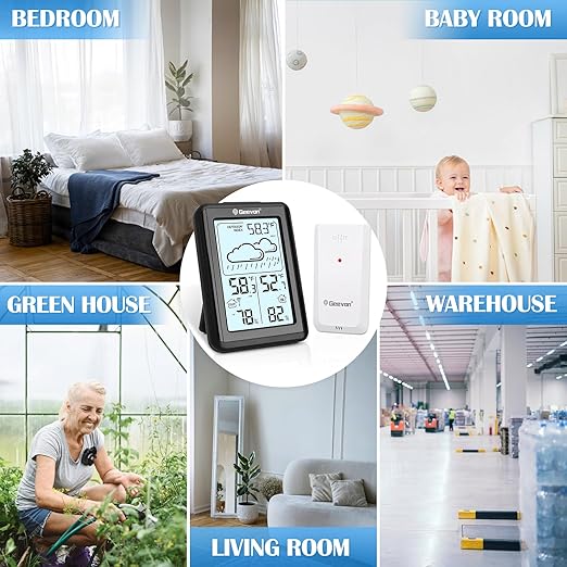 Geevon Indoor Outdoor Thermometer Wireless 200ft/60m, Digital Temperature Humidity Monitor with Large Display, Hygrometer with Weather, 3 Channel, Mold/Dew/Heat, 10s Backlight