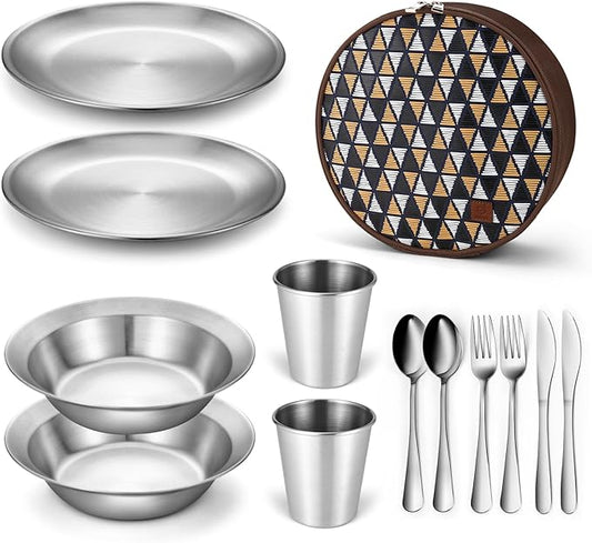 Odoland Camping Complete Messware Kit, Polished Stainless Steel Camp Dinnerware, Camping Cooking Tableware, Cutlery Organizer Utensil with Plates and Bowls Set for Backpacking, Hiking, Picnic Picnic.
