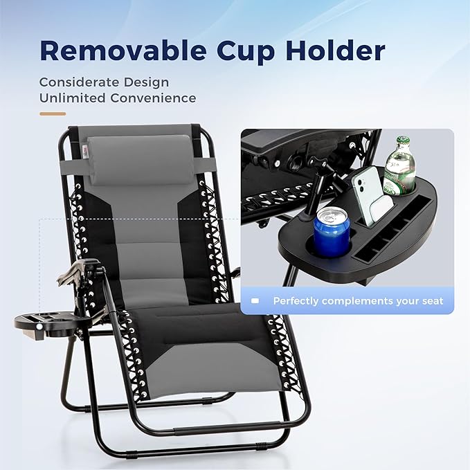 MAISON ARTS Oversized XXL Padded Zero Gravity Chair, Lawn Outdoor Lounge Chairs Set of 2, Foldable Recliners 28" Wide Seat Anti-Gravity for Patio Camping Poolside Yard, Support 400lbs, Grey & Black