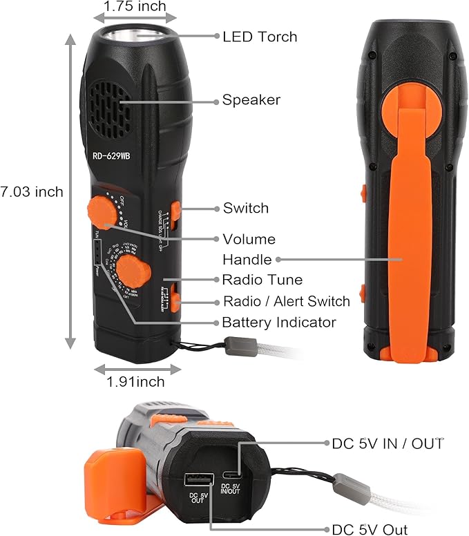 Emergency Radio Hand Crank with Flashlights, Portable AM/FM NOAA Weather Radio Alert and Survival Flashlight SOS Alarm
